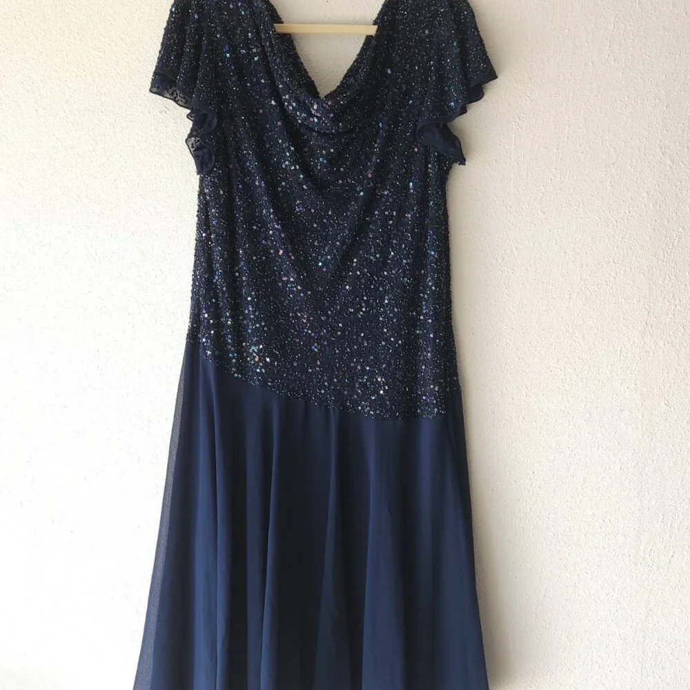 JKARA Chiffon Evening Dress Plus Size 18W Navy Blue, Sequin Bodice - Picture 2 of 12